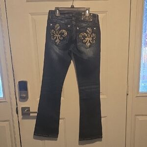 Miss Me Dark Blue Boot Cut Jeans with Gold Embellishments